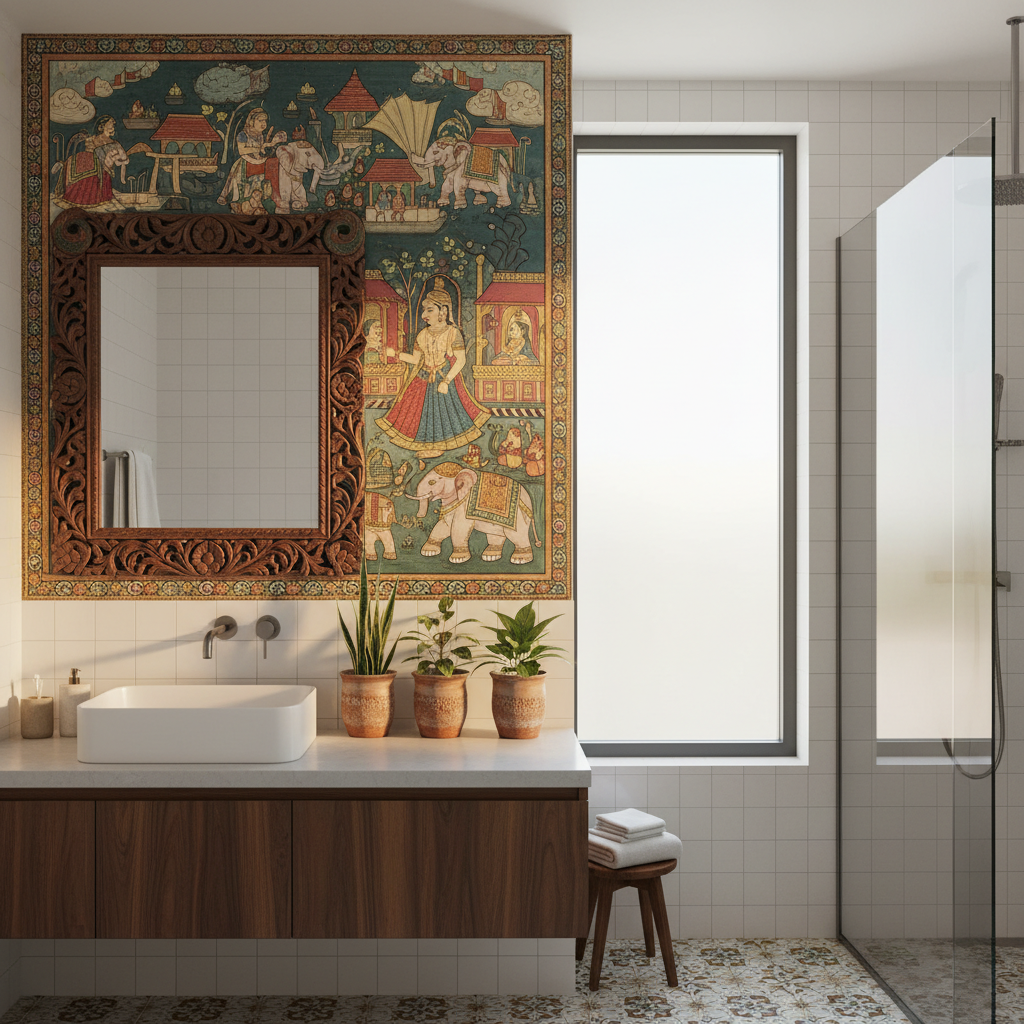 Modern Indian bathroom with miniature painting and terracotta planters