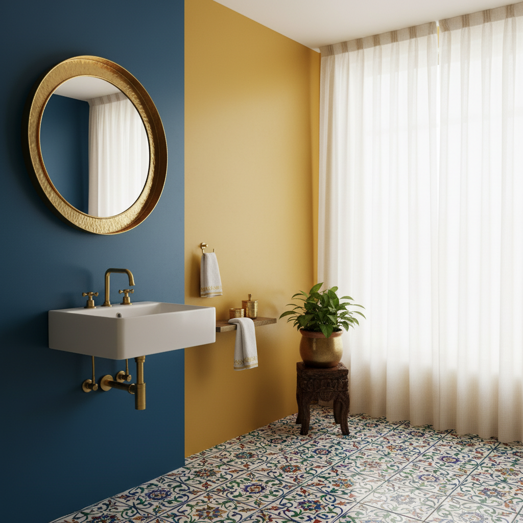 Colorful Indian bathroom with peacock blue wall and patterned tiles