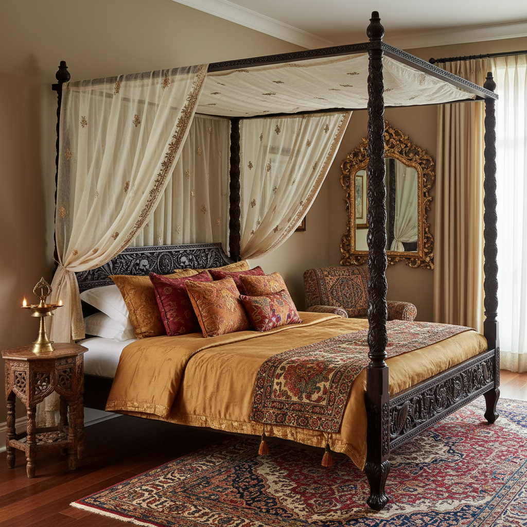 Luxurious Indian bedroom with carved four-poster bed, silk bedding, and traditional brass lamp.