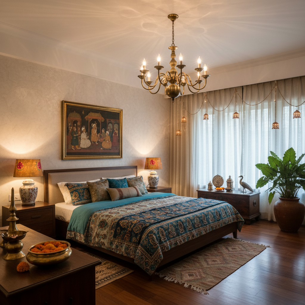 Indian bedroom with brass chandelier, soft bedside lamps, traditional artwork, and warm ambient lighting.