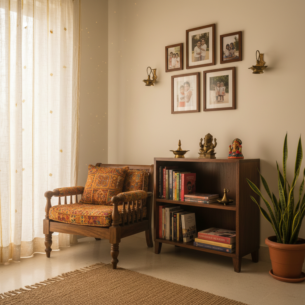 Cozy Indian bedroom corner with floor cushion, wooden bookshelf, personal photos, and traditional artifacts.