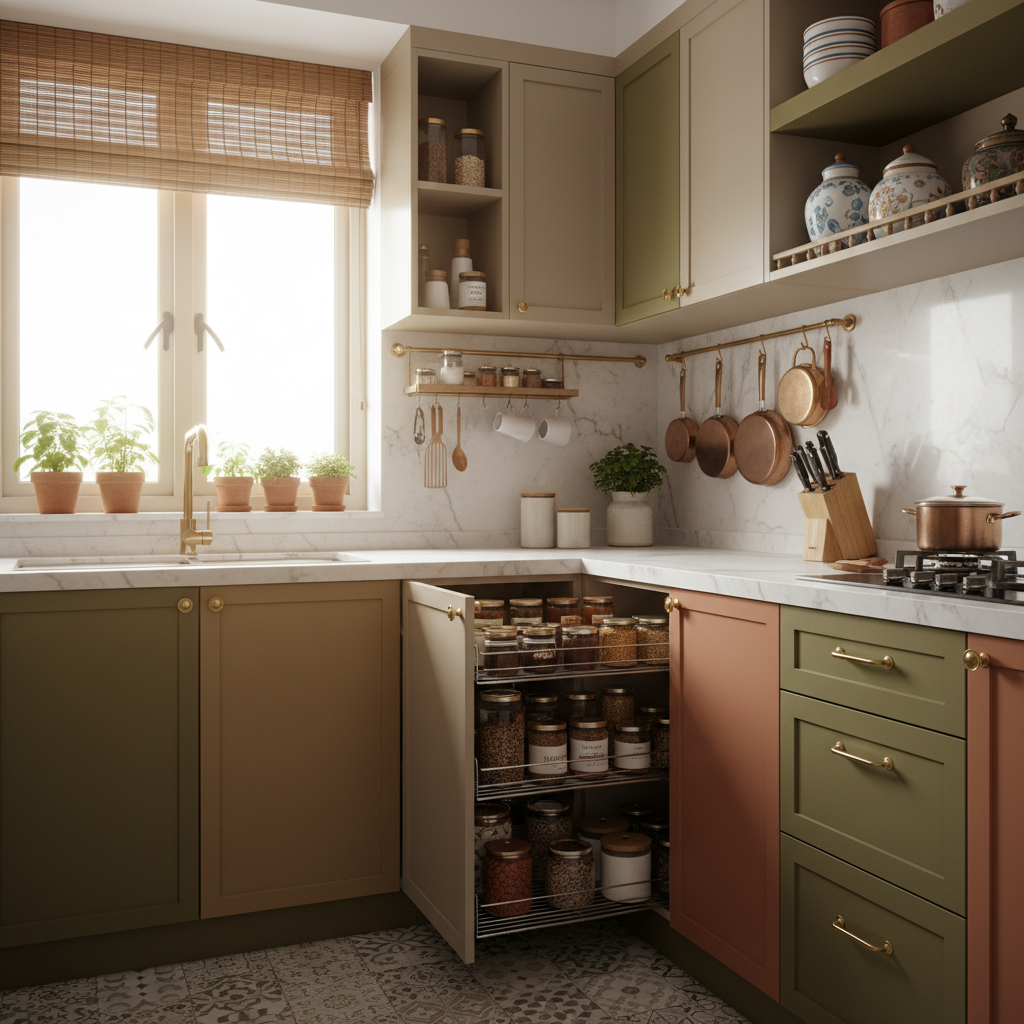Compact Indian kitchen with smart modular storage, earthy tones, and brass handles, showcasing efficient use of space.