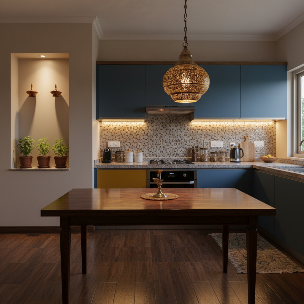 Well-lit Indian kitchen with a brass pendant lamp, under-cabinet lighting, and traditional decorative accents creating a warm ambiance.