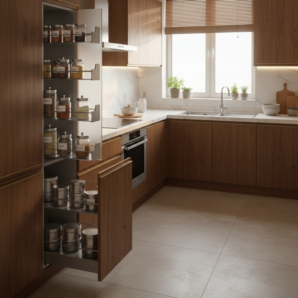 An Indian kitchen with smart modular storage, spice racks, and extensive counter space for cooking.