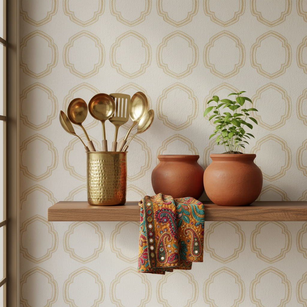 Kitchen shelf with brass utensils, terracotta pots, and an herb plant in an Indian-style kitchen.