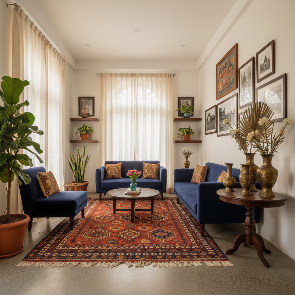 Indian living room decorated with a colorful Dhurrie rug, Madhubani art, brass artifacts, and greenery.