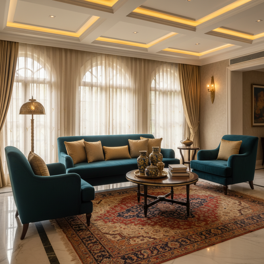 Luxurious Indian living room with teal and gold accents, velvet textures, and varied lighting, creating a warm ambiance.