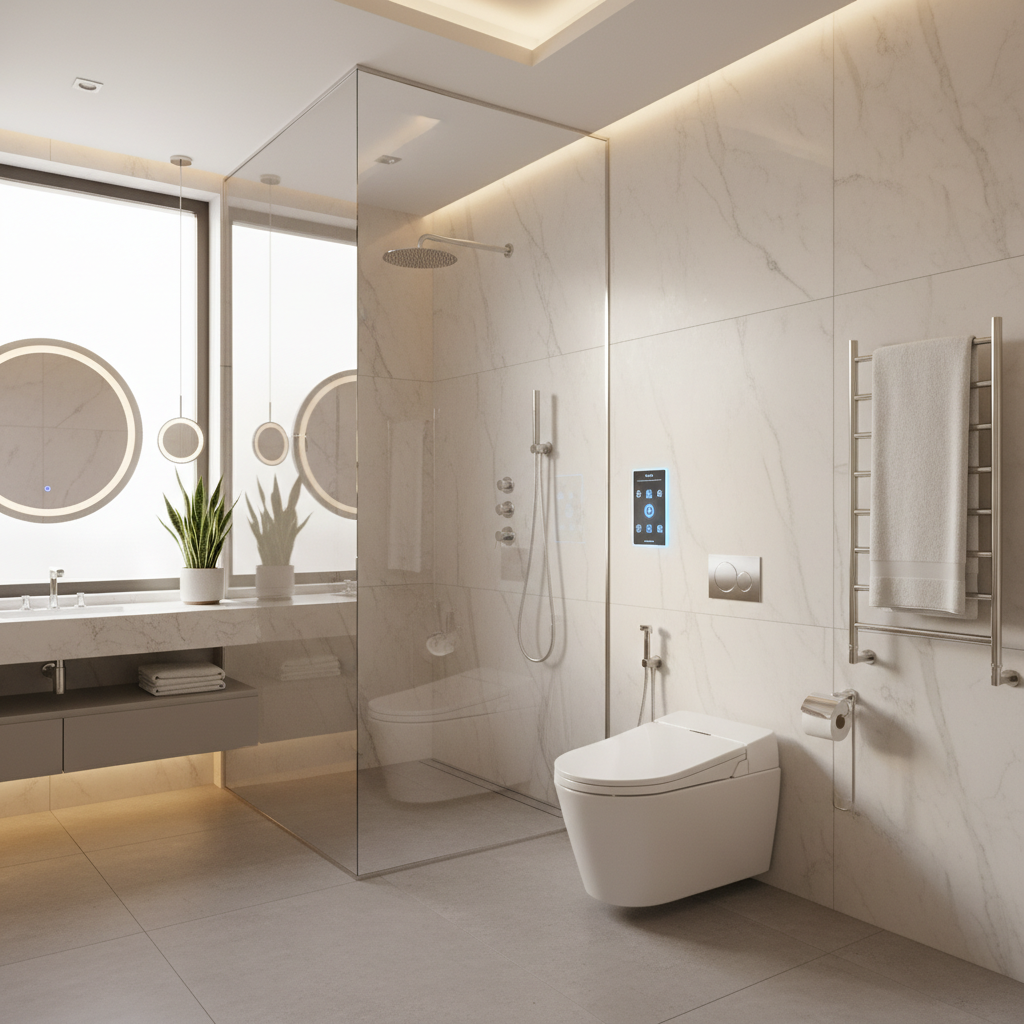 Contemporary luxury bathroom with smart toilet and multi-jet shower in Delhi NCR.