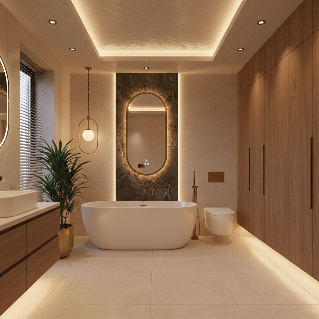 Modern bathroom with layered lighting and smart mirror