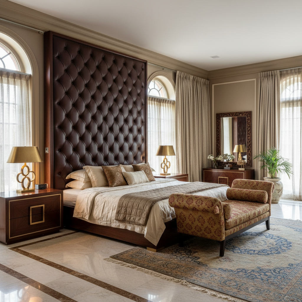 King-sized bed with tufted leather headboard, custom dark wood bedside tables, and a brocade chaise lounge.