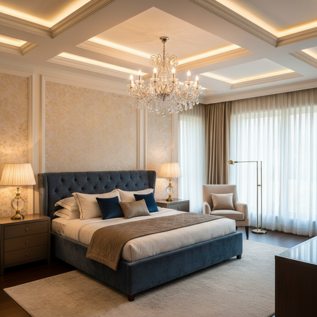 Bedroom with central crystal chandelier, recessed lighting, and elegant table lamps.