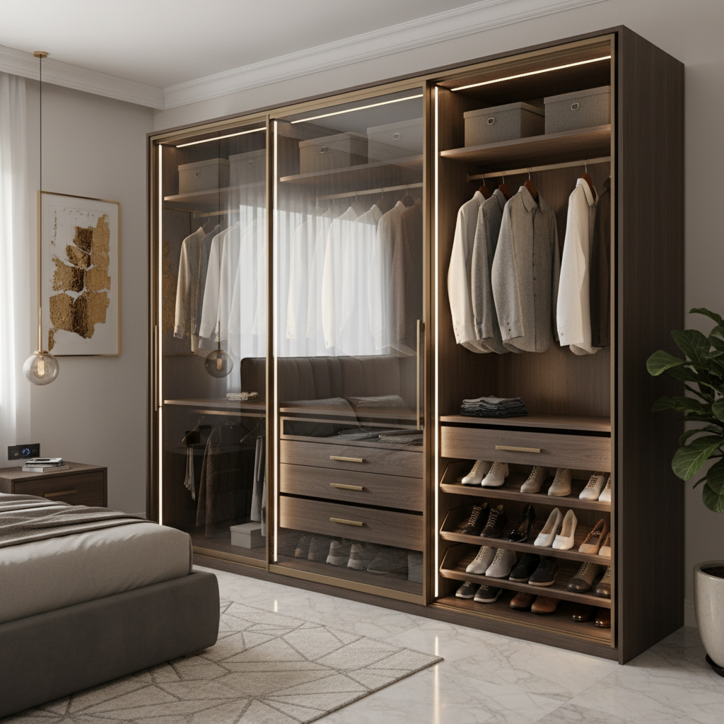Floor-to-ceiling mirrored wardrobe with integrated LED lighting and organized interior.
