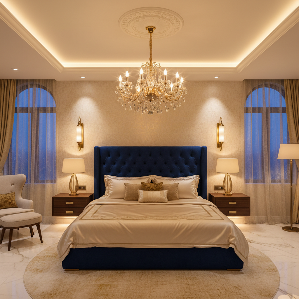 A lavish bedroom illuminated by a statement chandelier, elegant sconces, and soft bedside lamps, creating a multi-layered lighting effect.