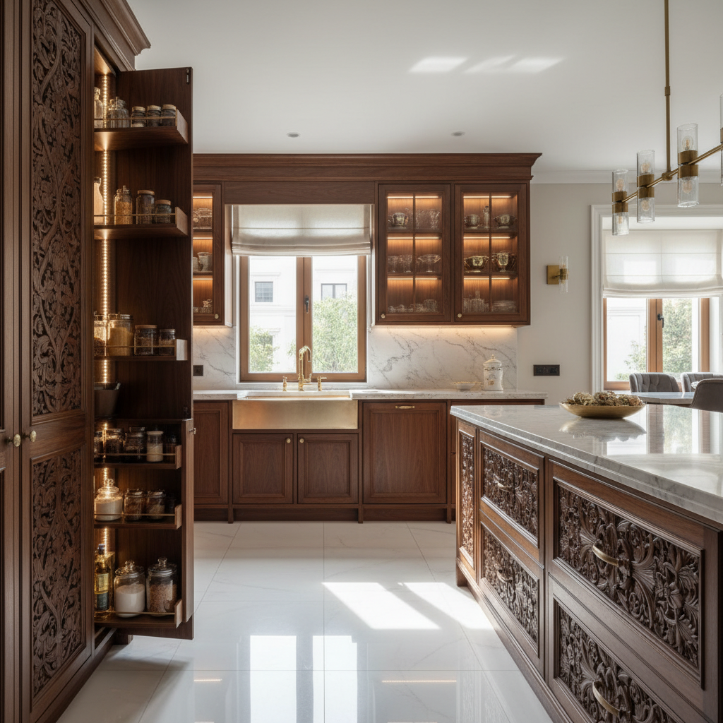 Custom dark wood kitchen cabinetry with smart storage