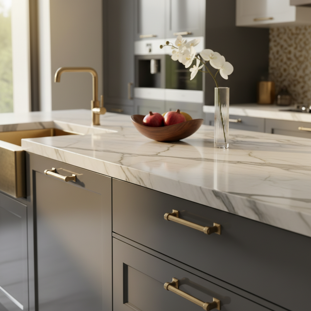 Italian marble countertop with high-gloss cabinets