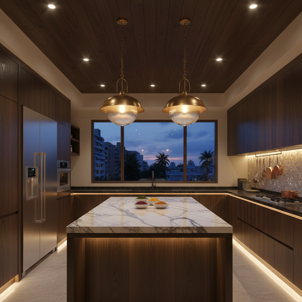 A well-lit luxury kitchen showcasing layered lighting, including recessed, under-cabinet, and pendant lights.