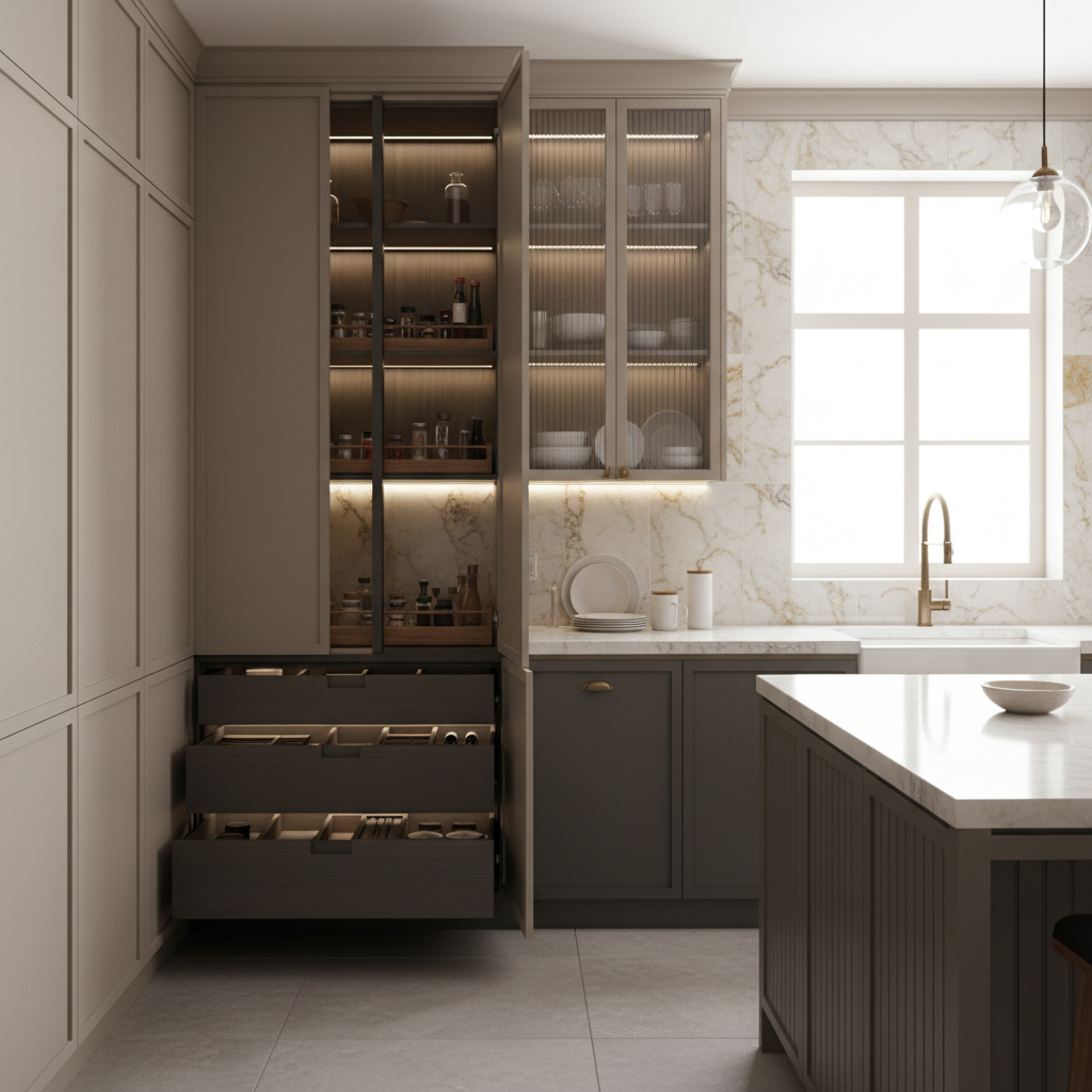 Custom-designed luxury kitchen cabinetry with smart storage solutions and elegant hardware.