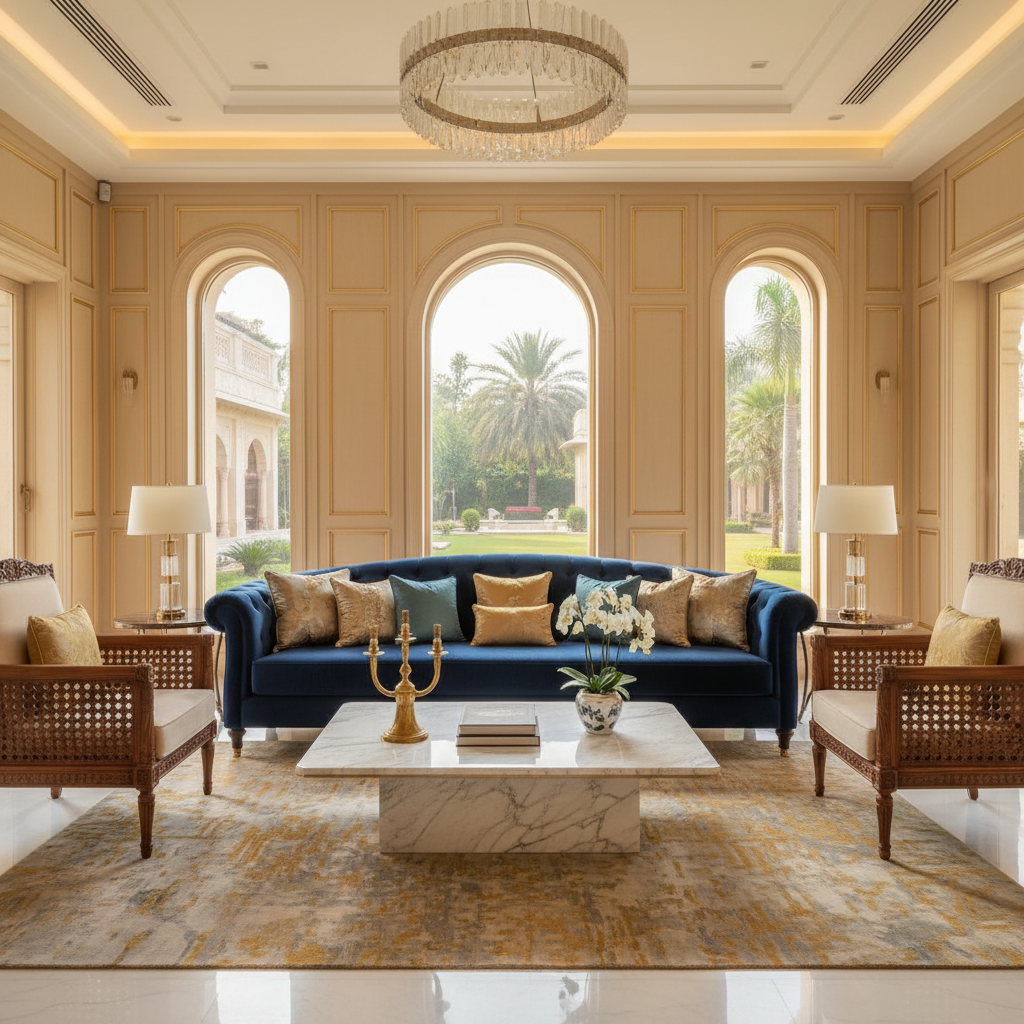 Luxurious living room with velvet sofa, marble coffee table, and carved armchairs