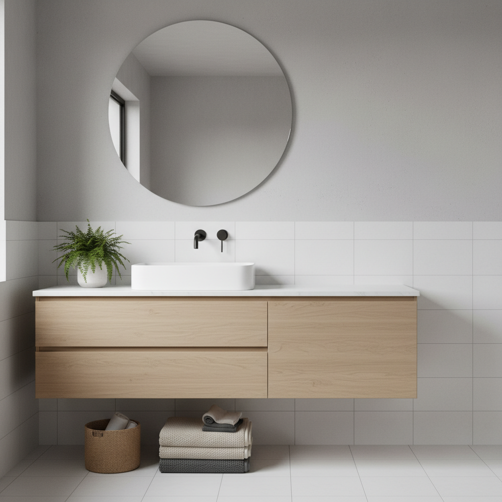 Minimalist bathroom with neutral colors and natural materials