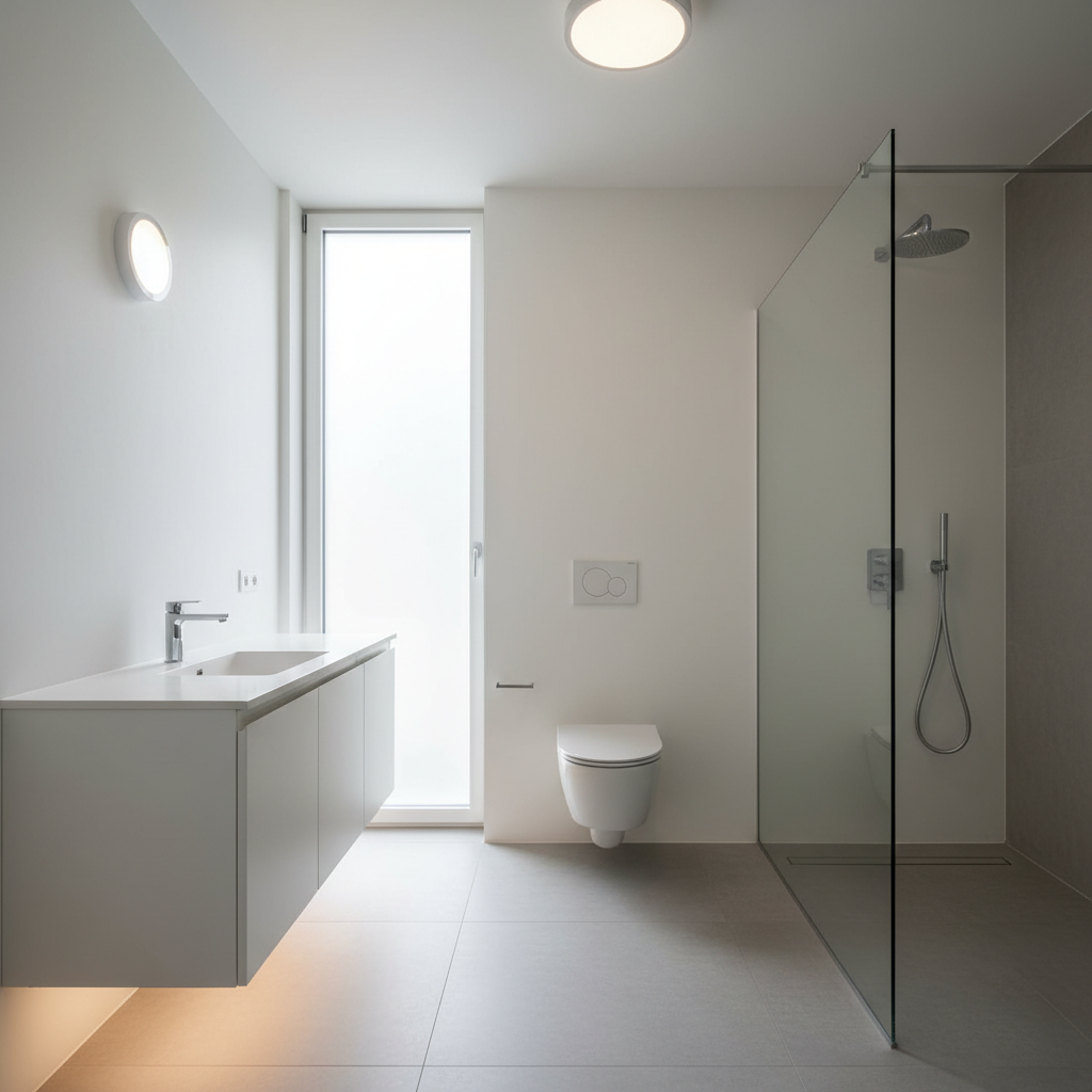 Modern minimalist bathroom with sleek fixtures and ambient lighting