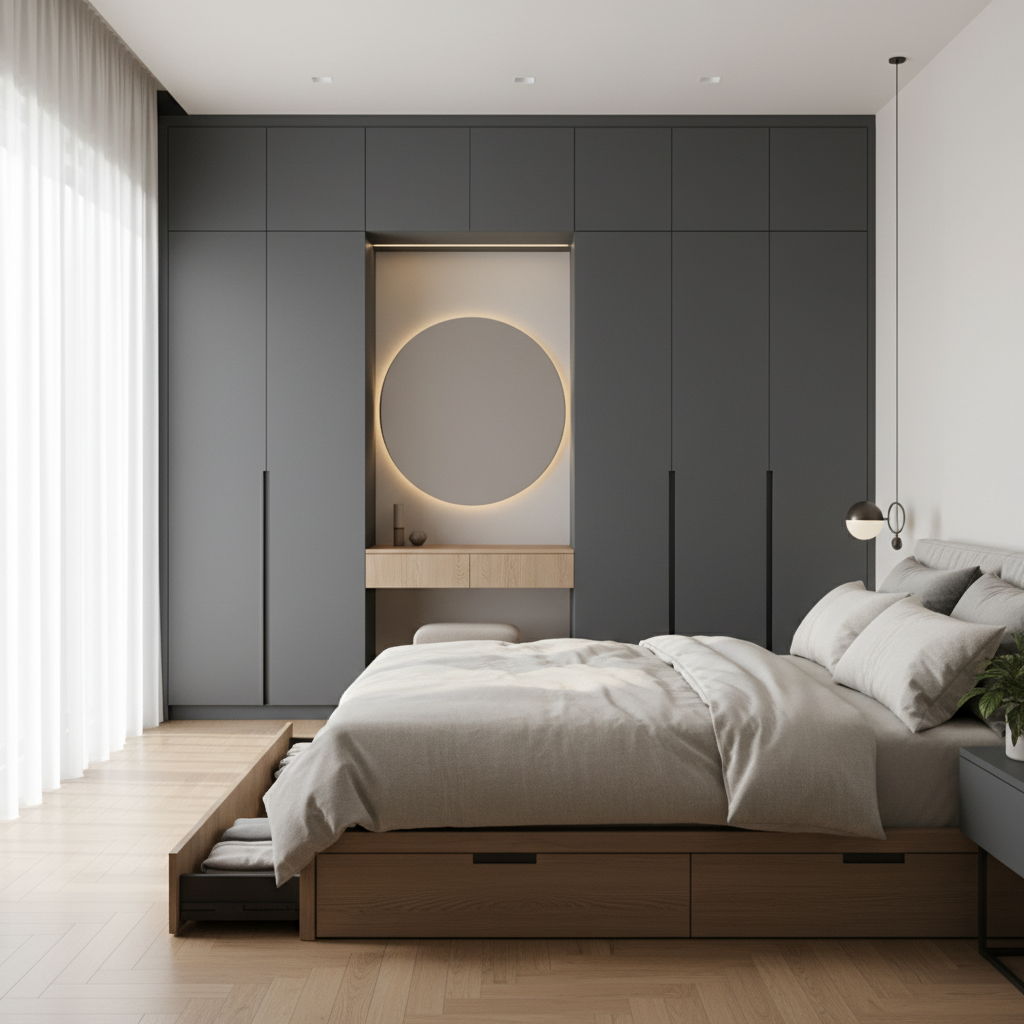 Smart storage solutions in a modern urban bedroom