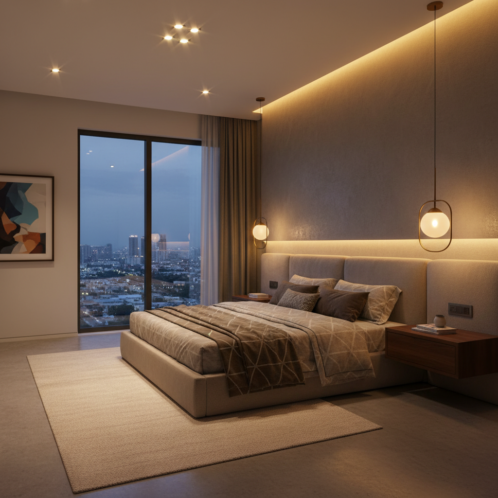 Modern bedroom with layered warm lighting and serene ambiance