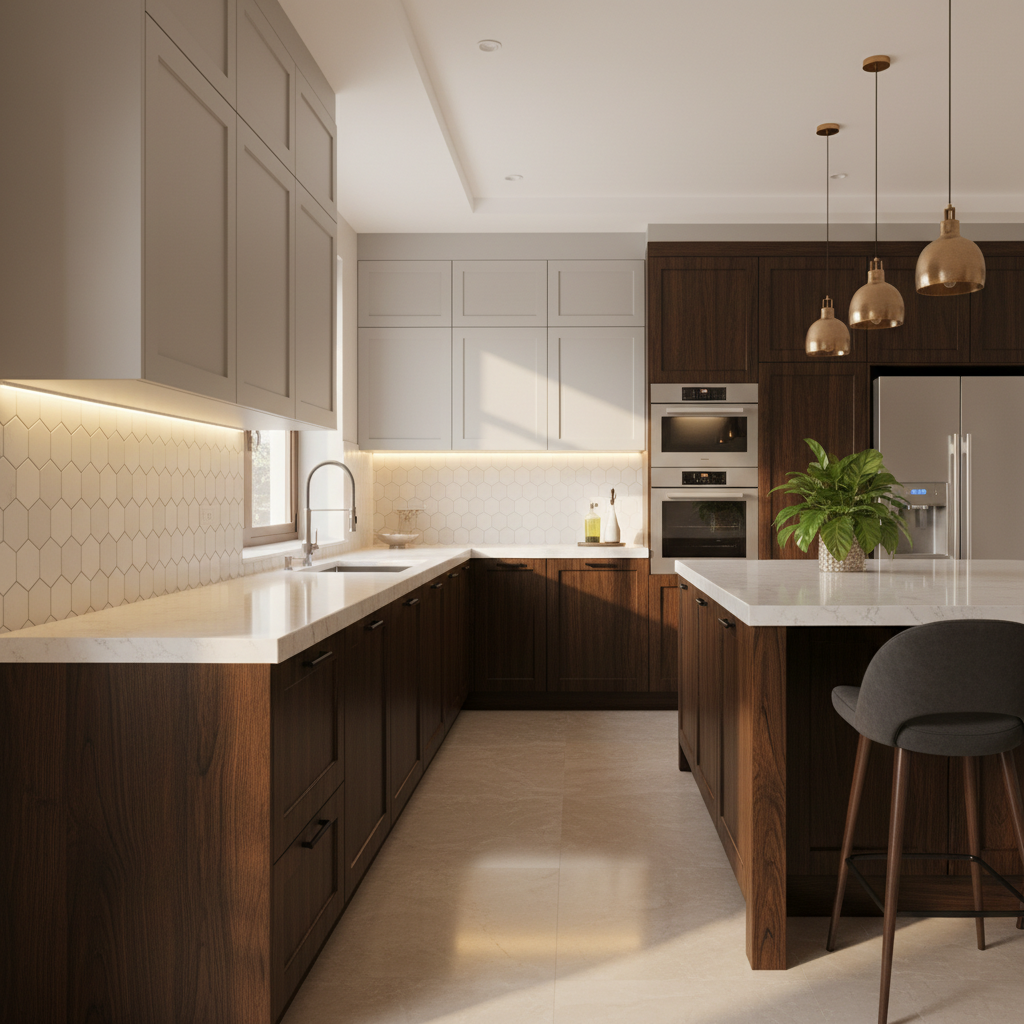 A contemporary kitchen showcasing a balanced material palette of wood, quartz, and grey cabinetry, suitable for Delhi NCR homes.