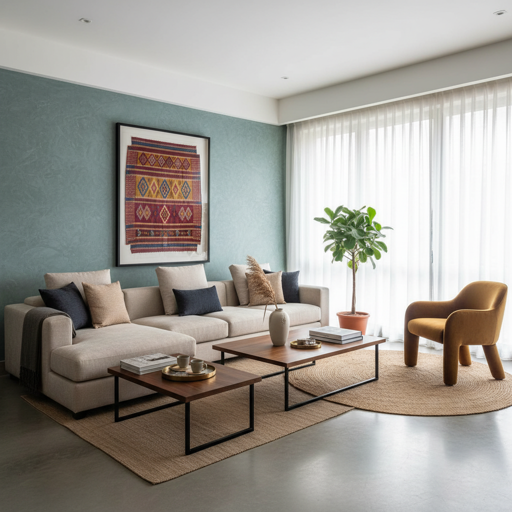 Modern living room integrating Indian art and textiles with contemporary design.