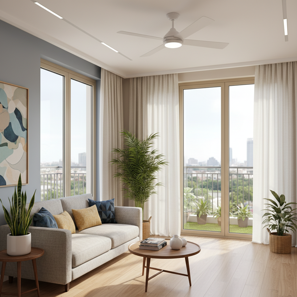 Modern living room showing climate control features like insulated windows and air-purifying plants.