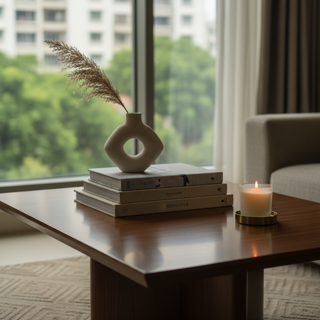 Modern coffee table with minimalist accessories like a sculptural vase and design books.